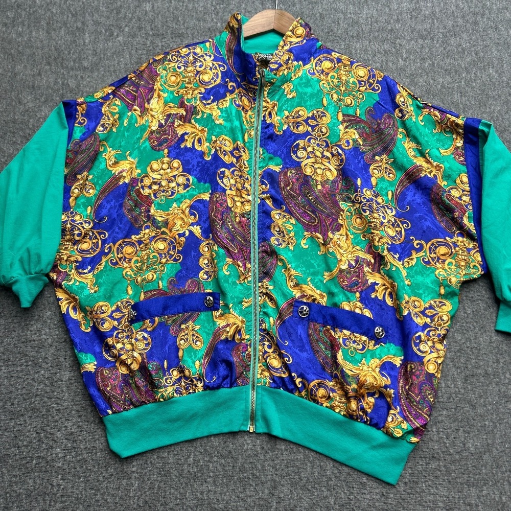 Vintage 80s Baroque Style Jacket‎ Gold Polyester Silver Threads L/XL